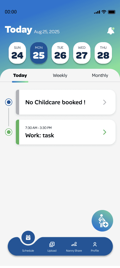 Tandem mobile dashboard showing a childcare schedule overview
