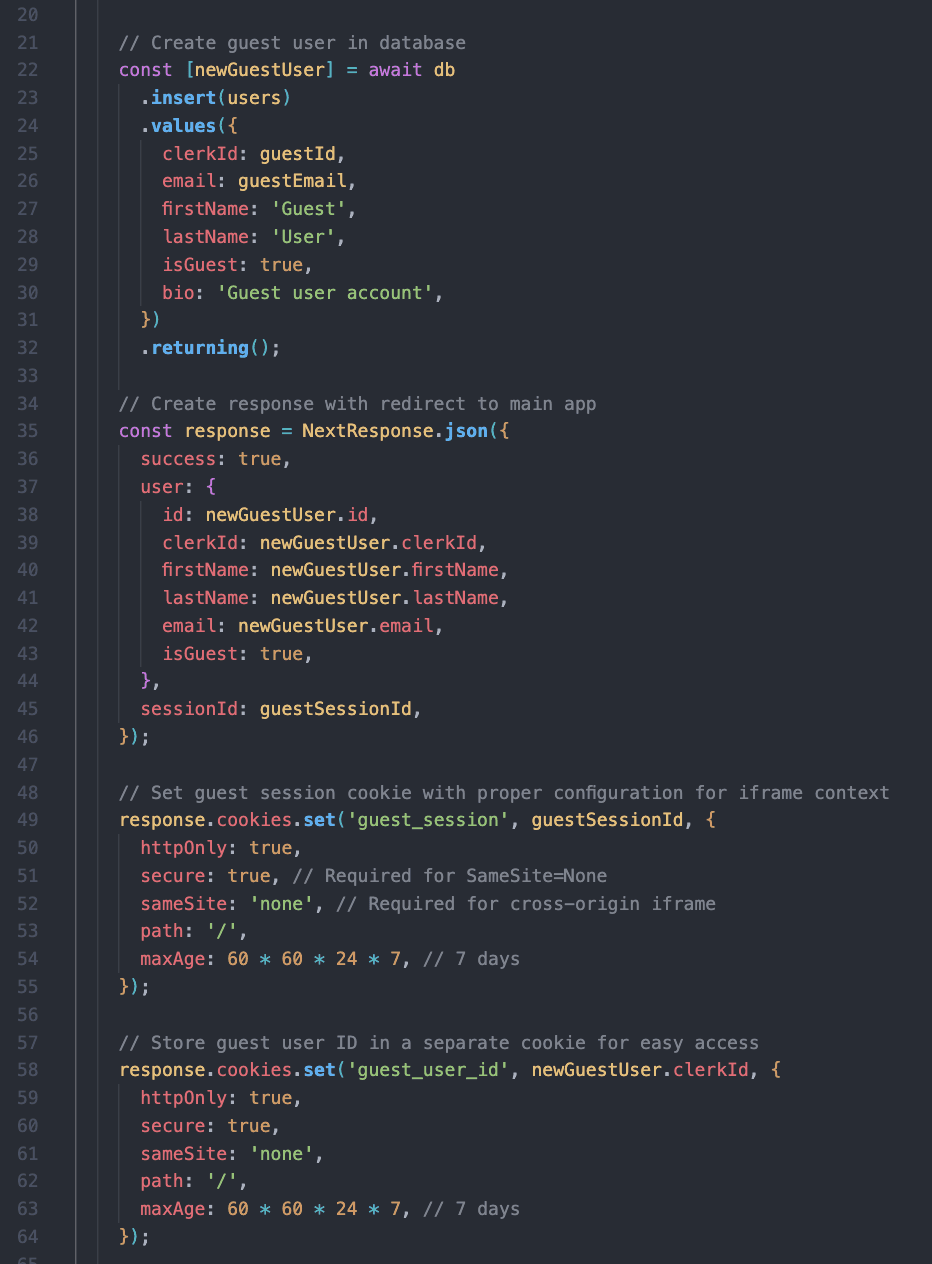 Code for the Tandem guest auth route and its cookie configuration