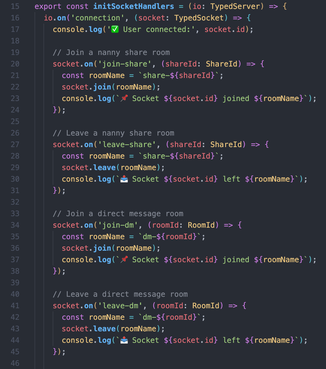 Code for typed Socket.IO room handlers covering share and direct message rooms